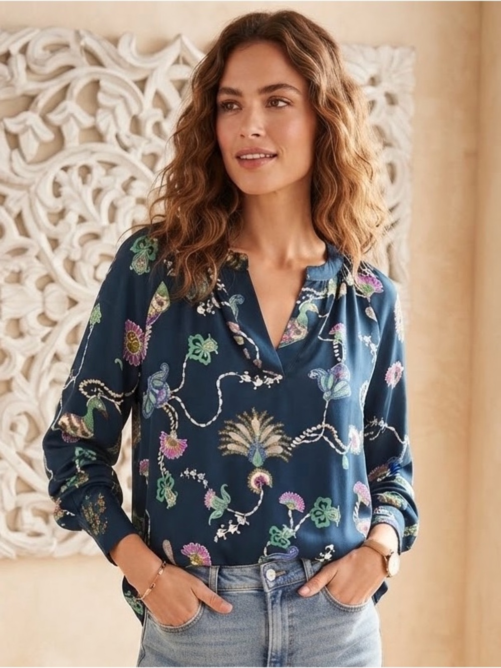 LOFT Mixed-Media Blue Peacock Paisley Split Neck Long Sleeve Blouse